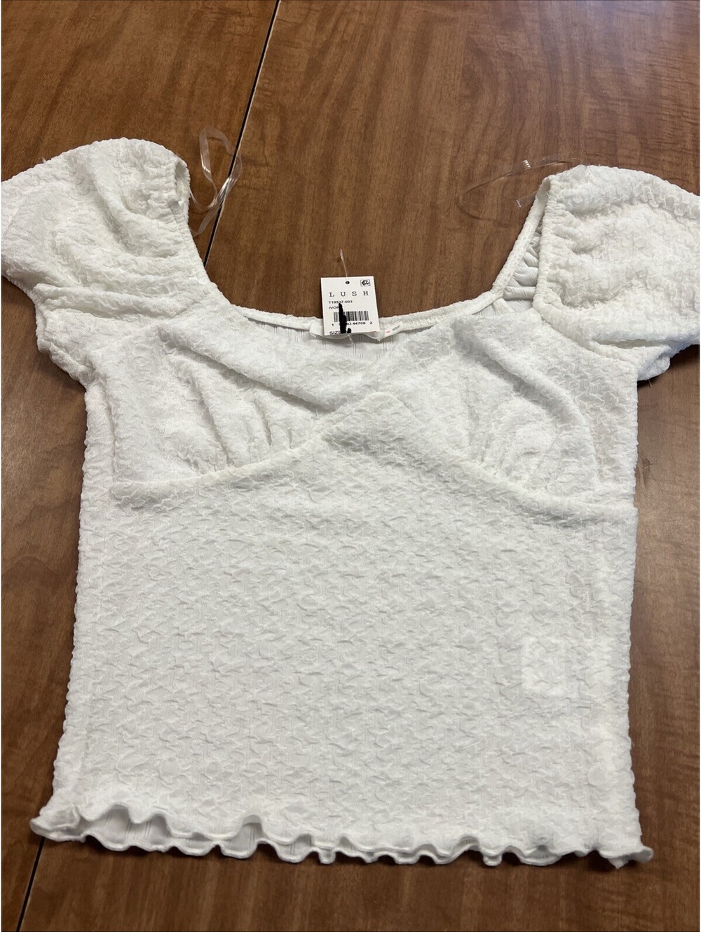 Lush Top Womens Juniors M Ivory Ruched Puff Sleeve Babydoll Cottagecore Top